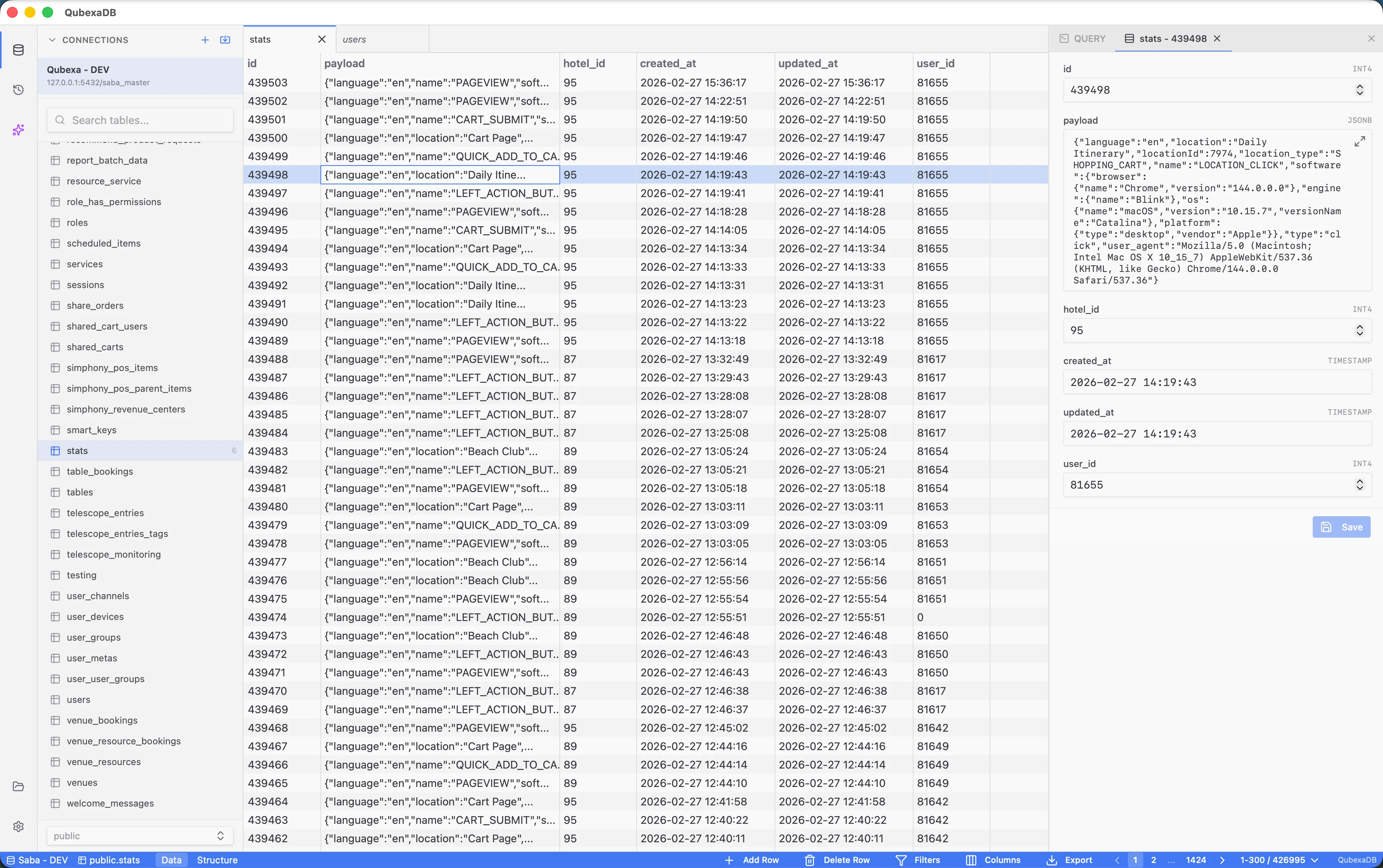 QubexaDB — database management interface showing table browser and data grid