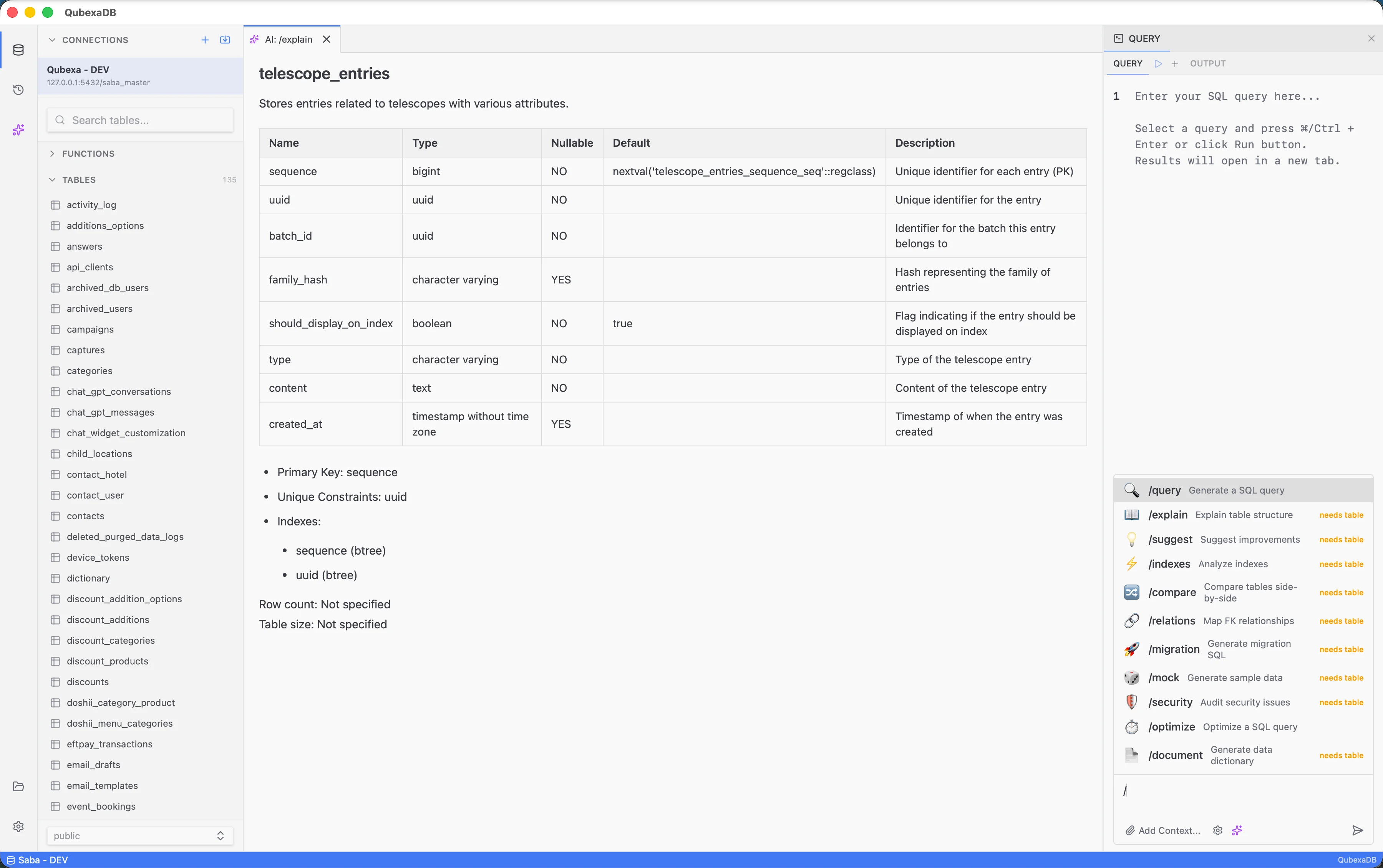 QubexaDB — query editor with SQL syntax highlighting